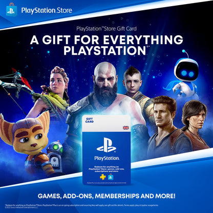 Sony PlayStation Store Gift Card for 100 GBP, UK PSN account download code with design featuring the PlayStation logo.
