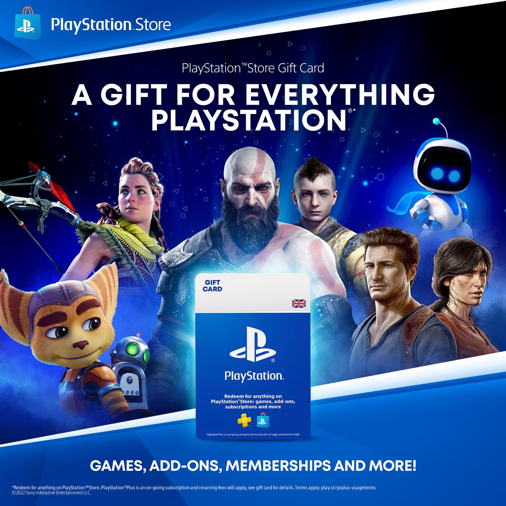 PlayStation Store gift card for UK PSN accounts, 20 GBP value, featuring code for PS5 and PS4 digital downloads.
