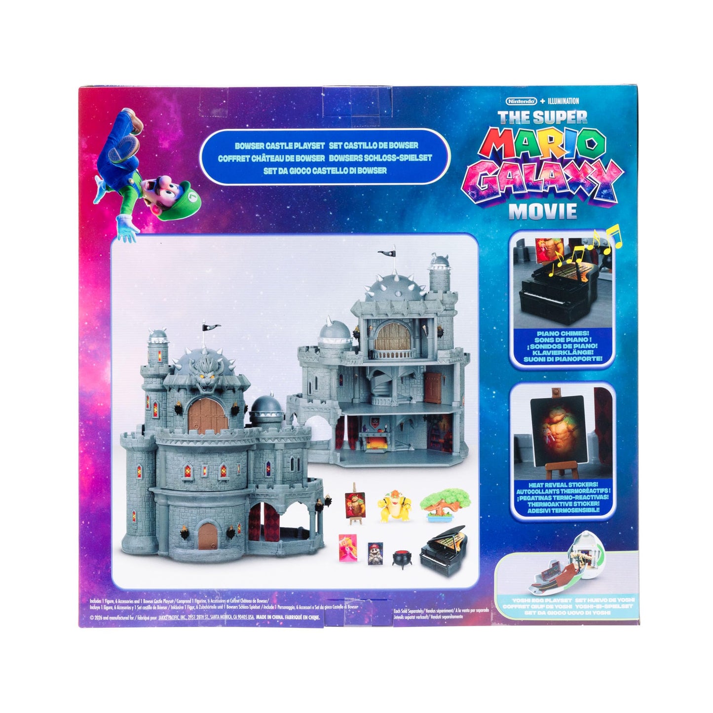 Super Mario Galaxy Movie Bowser Castle playset by Jakks Pacific with mini Bowser figure, accessories, and multi-level play features.