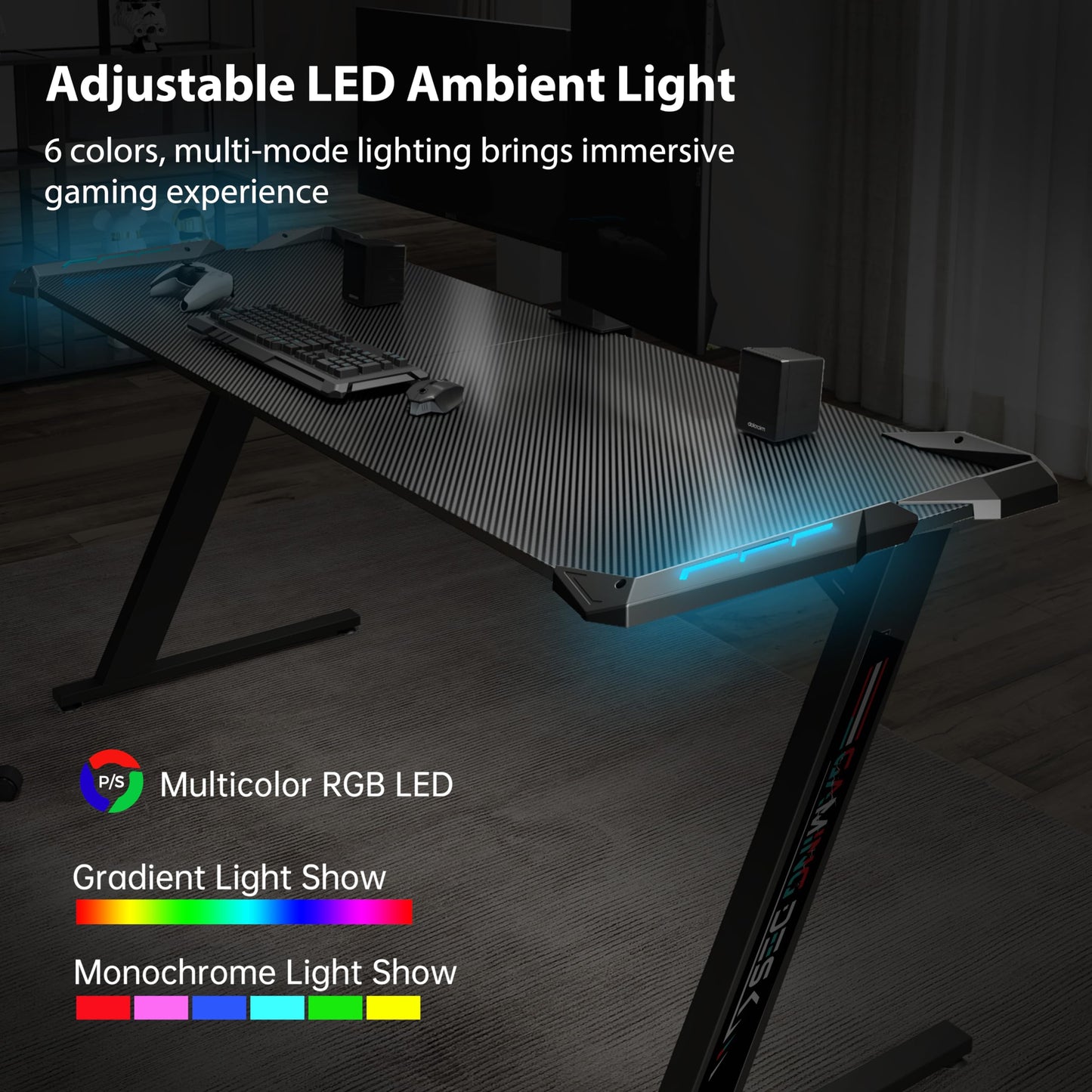 EUREKA ERGONOMIC Gaming Desk with Led Lights 156×64cm Large RGB Ergonomic Gaming Computer Desk for Home Office Work Study Writing with Mouse Pad, Easy to Assemble, Carbon Fiber Black
