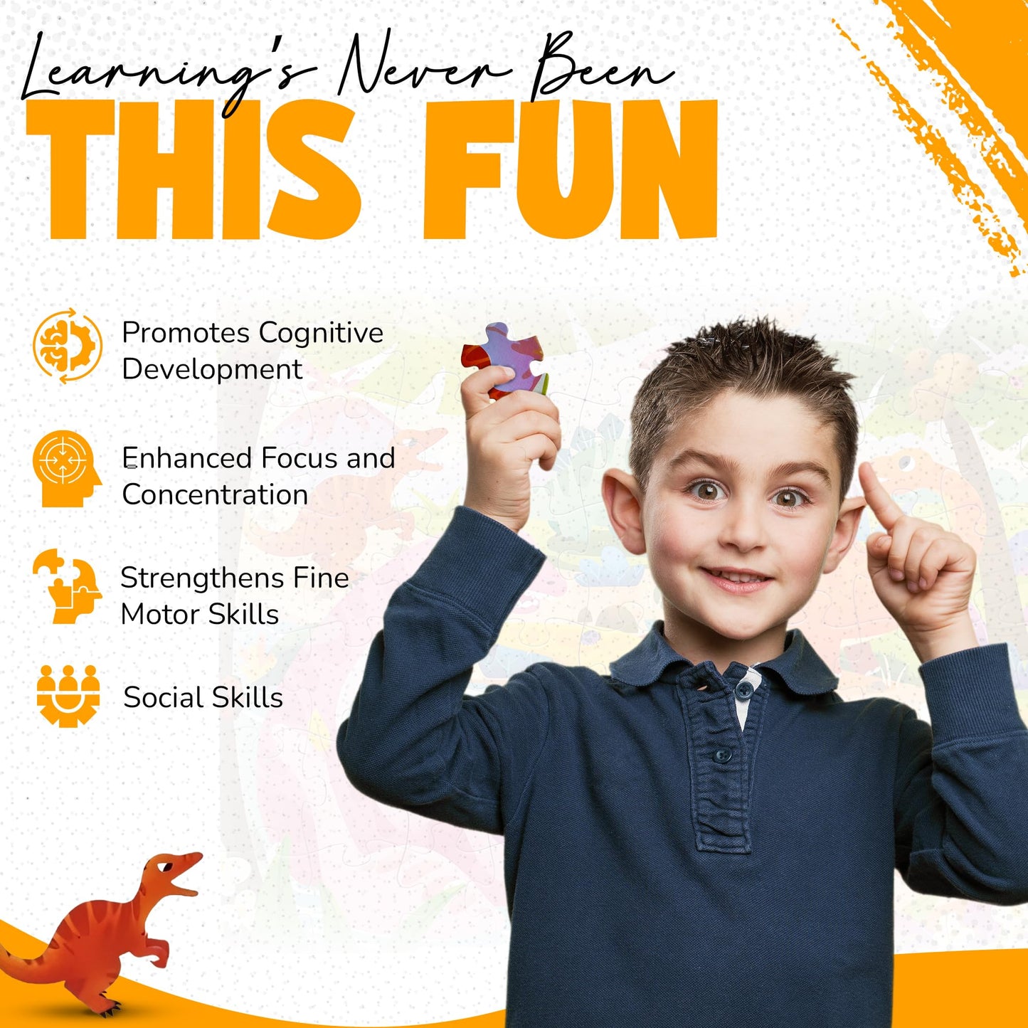 Colorful 60-piece dinosaur puzzle for kids ages 3-8, featuring dinosaurs and prehistoric scenes, perfect for educational play.