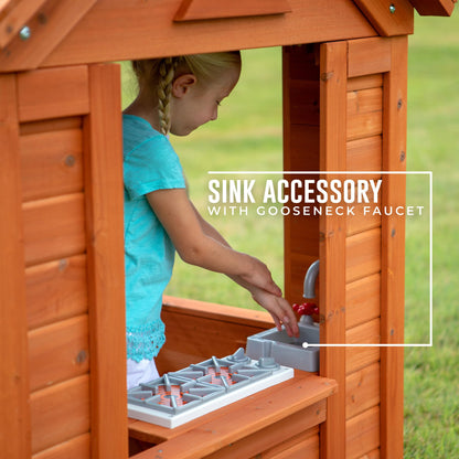 Backyard Discovery Timberlake cedar wood kids playhouse with toy kitchen, phone, flowerpot holders, suitable for children aged 2-7.