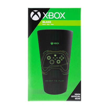 Paladone Xbox drinking glass with matte black and green design, featuring original Xbox controller artwork, 400ml capacity.