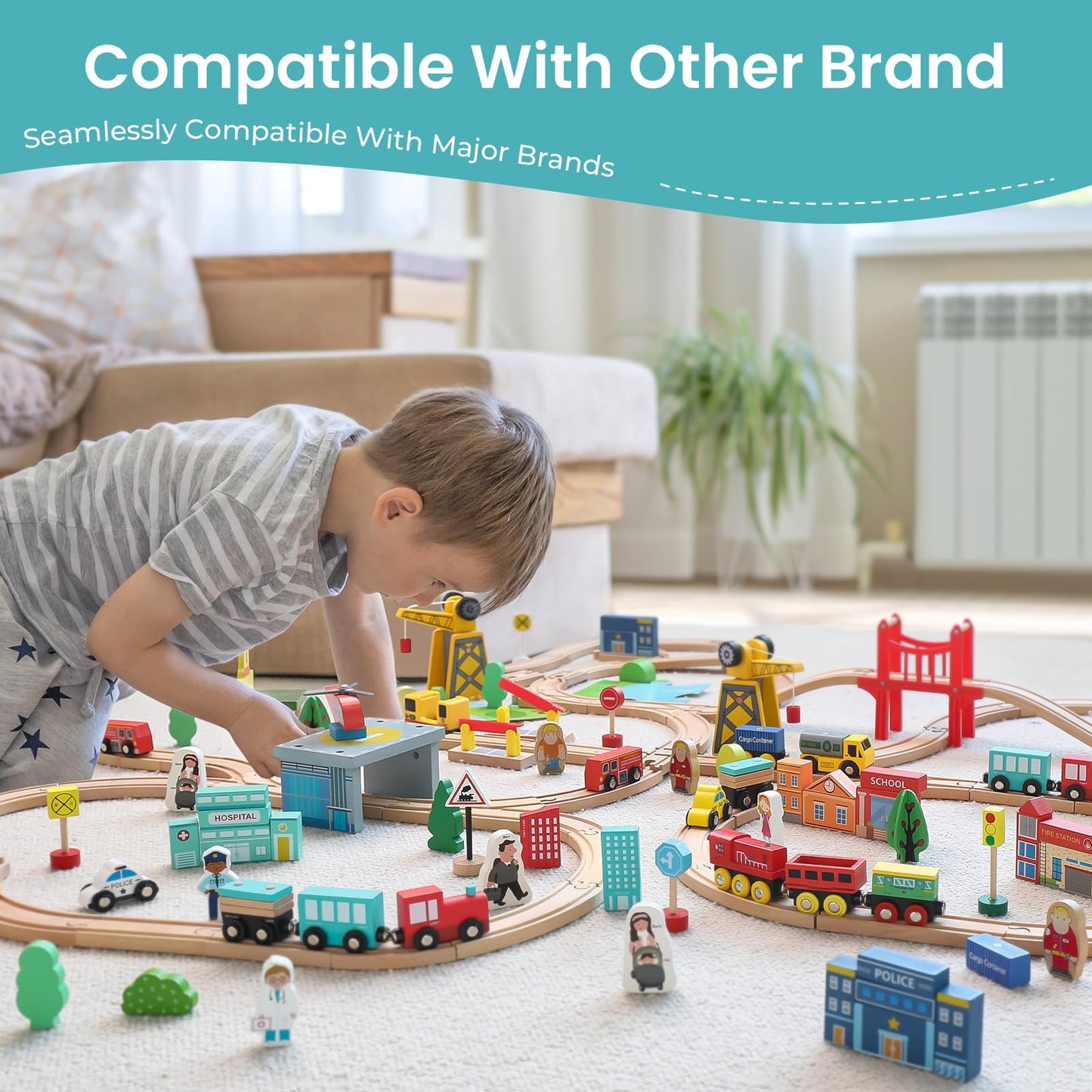 Tiny Land Wooden Train Set for Toddler - 39 Piece- with Wooden Tracks Compatible with Major Brands- Expandable, Changeable-Train Toy for 3 4 5 Years Old Girls & Boys