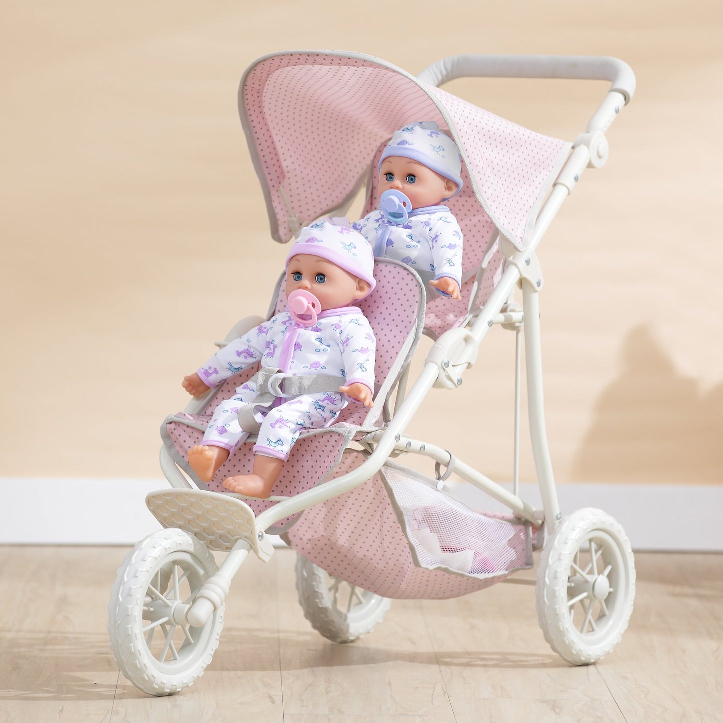 Olivia's Little World Double Jogging-Style Pram for Baby Dolls with Tandem Seating for Dolls and Stuffed Animals with a Retractable Canopy, Storage Basket, All-Terrain Wheels, Cream and Pink with Grey