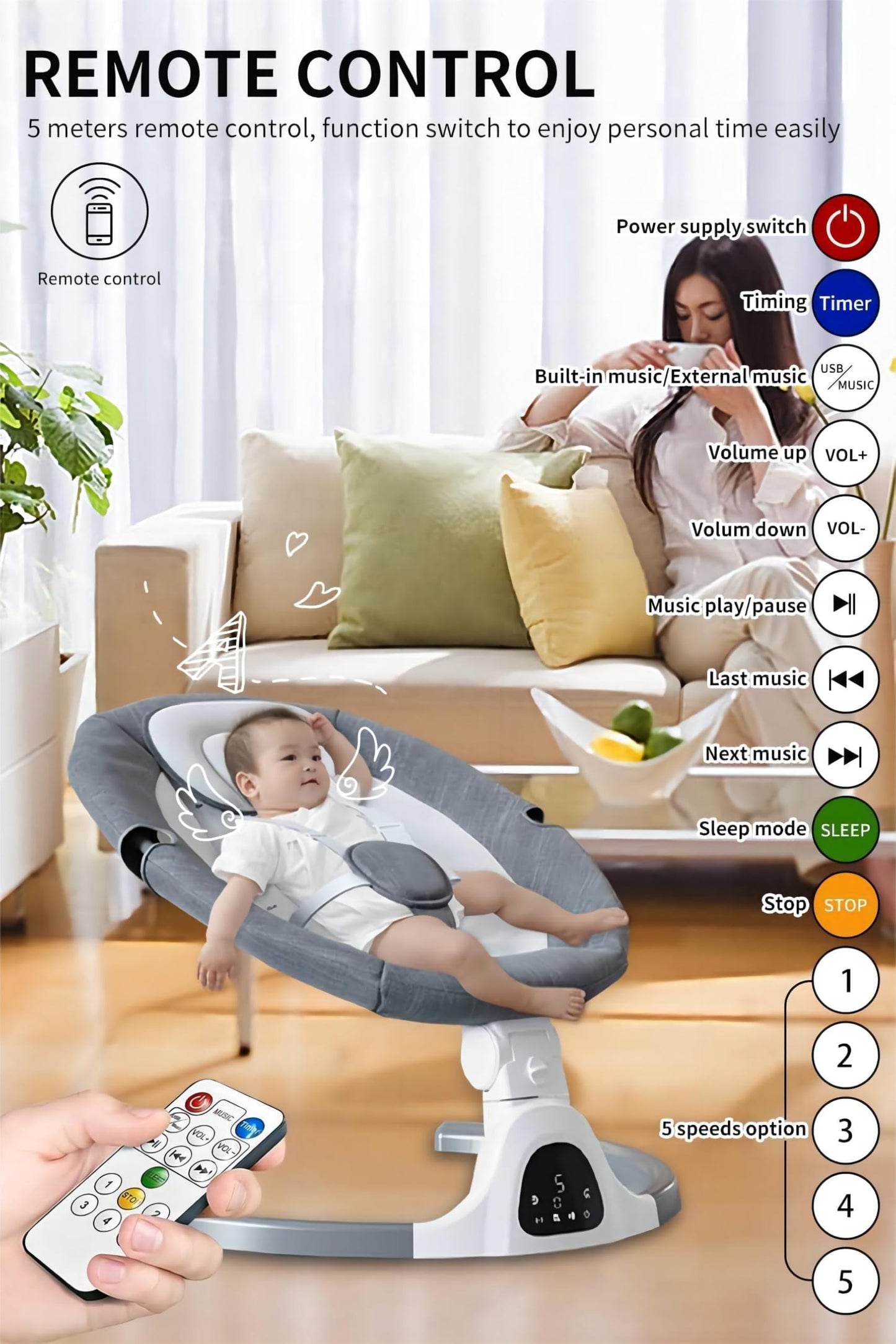 Adjustable beige baby swing by HoldOneLight with remote control, 5-speed rocker, 3 seat positions, 5-point harness, and lullabies.