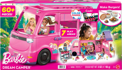 Barbie Dream Camper playset with roof tent, swing chair, fishing pond, BBQ grill, dough, and over 60 accessories for imaginative fun.