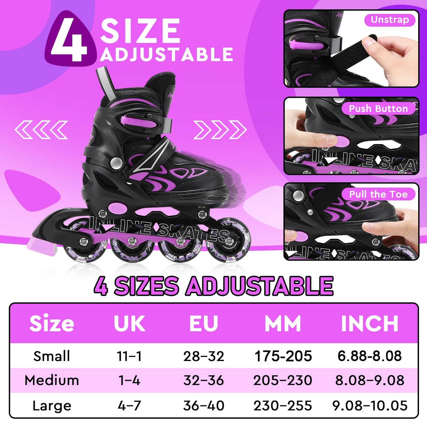 Light-up adjustable inline skates for kids by Jestme, suitable for beginners, with medium size (UK 1-4) and colorful design.