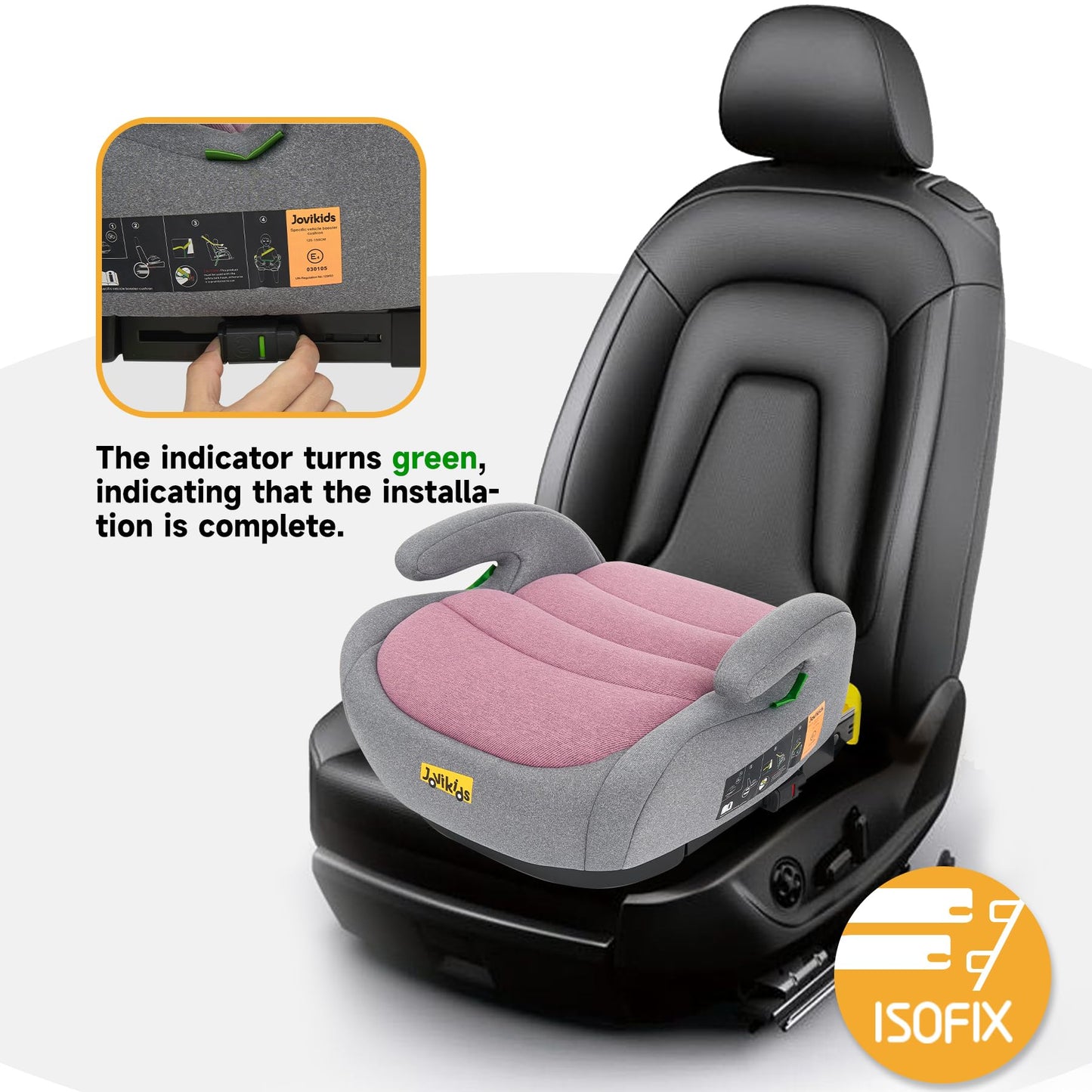 Jovikids I-Size Booster Seat for Car with ISOFIX, 125-150cm (Group 2/3, 6-12 Years), Portable Booster Seat for Kids, Comfortable, Compact, Convenient for Everyday Use, Great for Travel, ECE R129, Pink