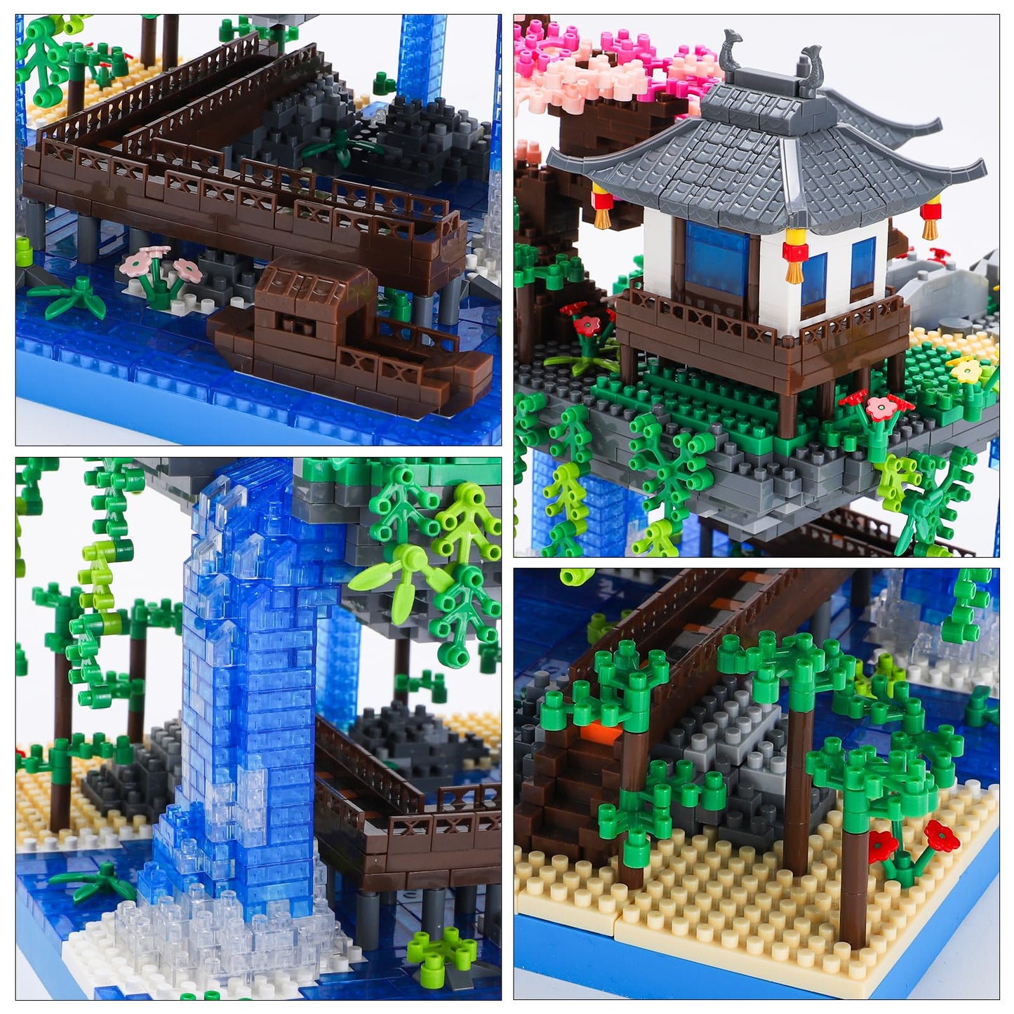 CAXIMSY Cherry Blossom Bonsai treehouse building block set with 3300 pieces, showcasing intricate architecture details.