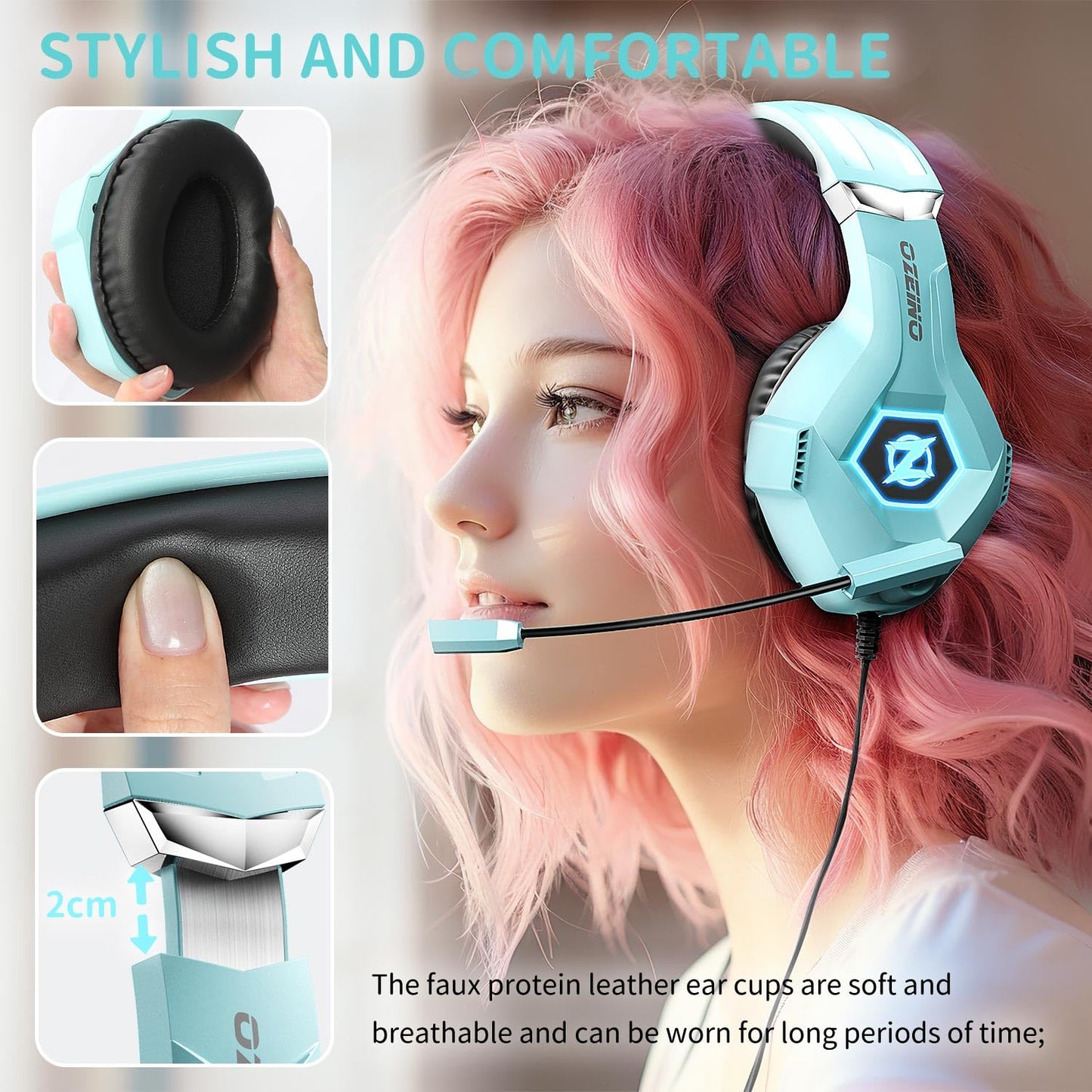 Ozeino Gaming Headset, 3D Sound Effects, Noise Eduction Microphone, Gaming Headphone for Ps4, Ps5, Xbox One, PC, Switch(light blue)