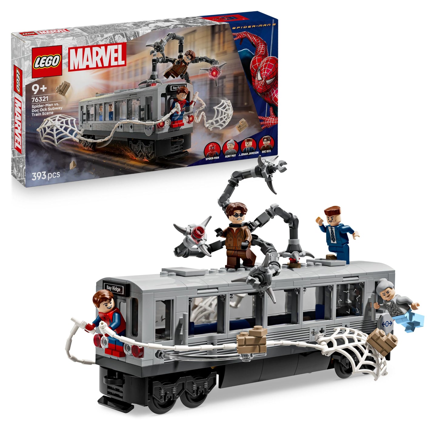 LEGO Marvel Spider-Man vs. Doc Ock subway train scene with minifigures, showcasing action-packed play and display.