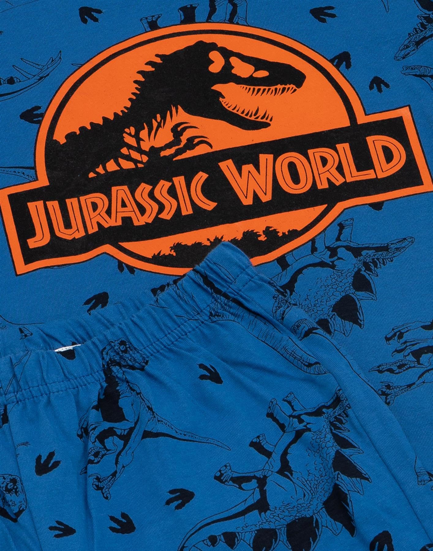 Jurassic World Boys Pyjama Set | Blue Short Sleeve T-Shirt and All Over Print Shorts PJs For Kids | Orange Logo with All Over Dinosaur Print Film Loungewear | Nightwear Pyjama Gifts for Children
