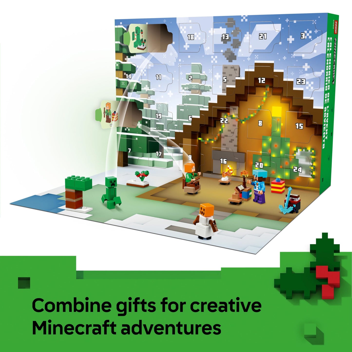 LEGO Minecraft Advent Calendar 2025 featuring 24 surprises, minifigures, and mini builds for kids aged 7 and up.