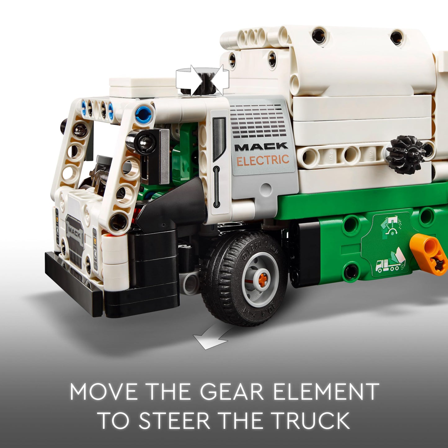 LEGO Technic Mack LR Electric Garbage Truck with recycling bin, designed for kids aged 8 and up, showcasing realistic details.