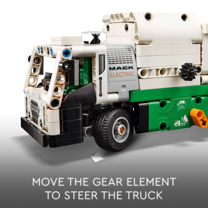LEGO Technic Mack LR Electric Garbage Truck with recycling bin, designed for kids aged 8 and up, showcasing realistic details.