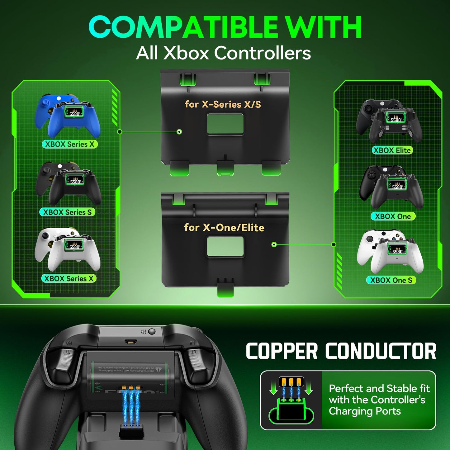 OIVO Xbox controller charging dock with two 5580mWh rechargeable battery packs and twin charging ports for Xbox One and Series X/S