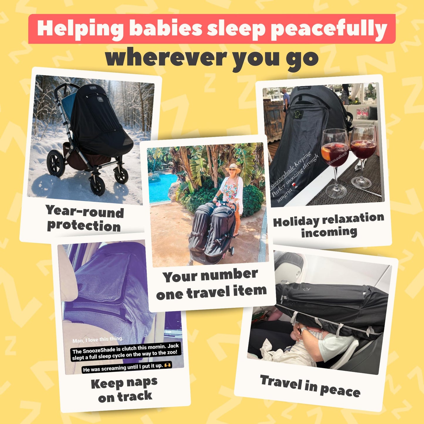 SnoozeShade Plus black stroller sun shade cover blocking 99% UV, breathable blackout canopy for prams, pushchairs, and travel strollers.