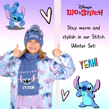 Disney Lilo & Stitch girls' winter hat and scarf set, purple knit beanie and cozy scarf for kids ages 6-12, winter accessories.