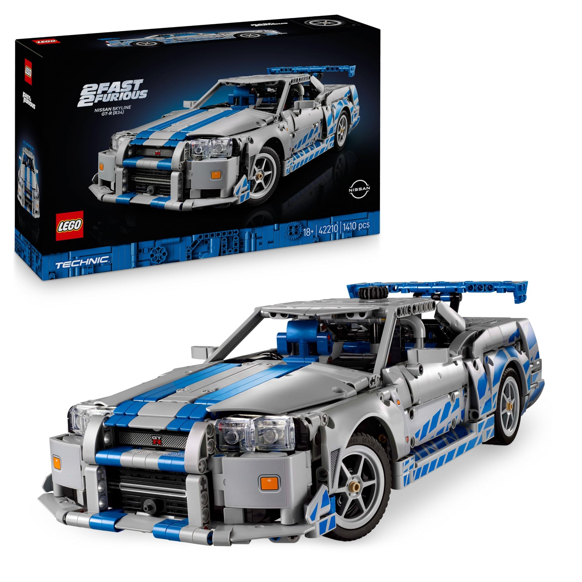 LEGO Technic Nissan Skyline GT-R (R34) model kit showcasing drift function and detailed 6-cylinder engine.