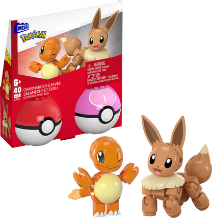 MEGA Pokémon action figure building toys set featuring Charmander and Eevee with Poké Balls and 40 pieces for kids.