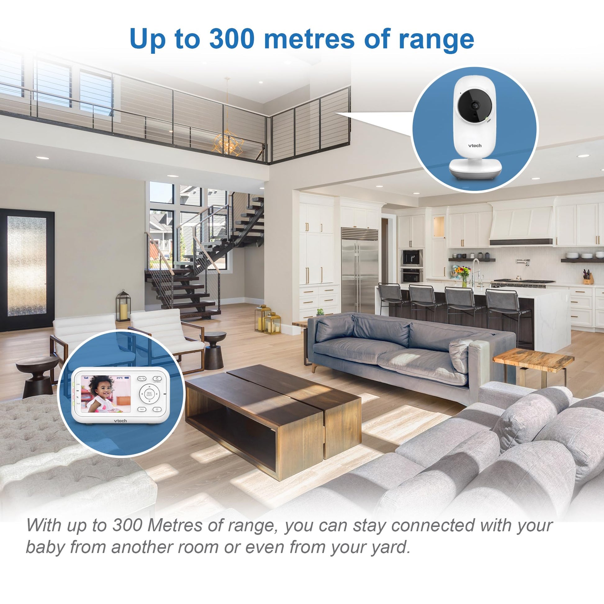 VTech VM3250 video baby monitor with 2.8-inch LCD screen, night vision, long-range camera, and soothing sounds in a baby nursery setting.