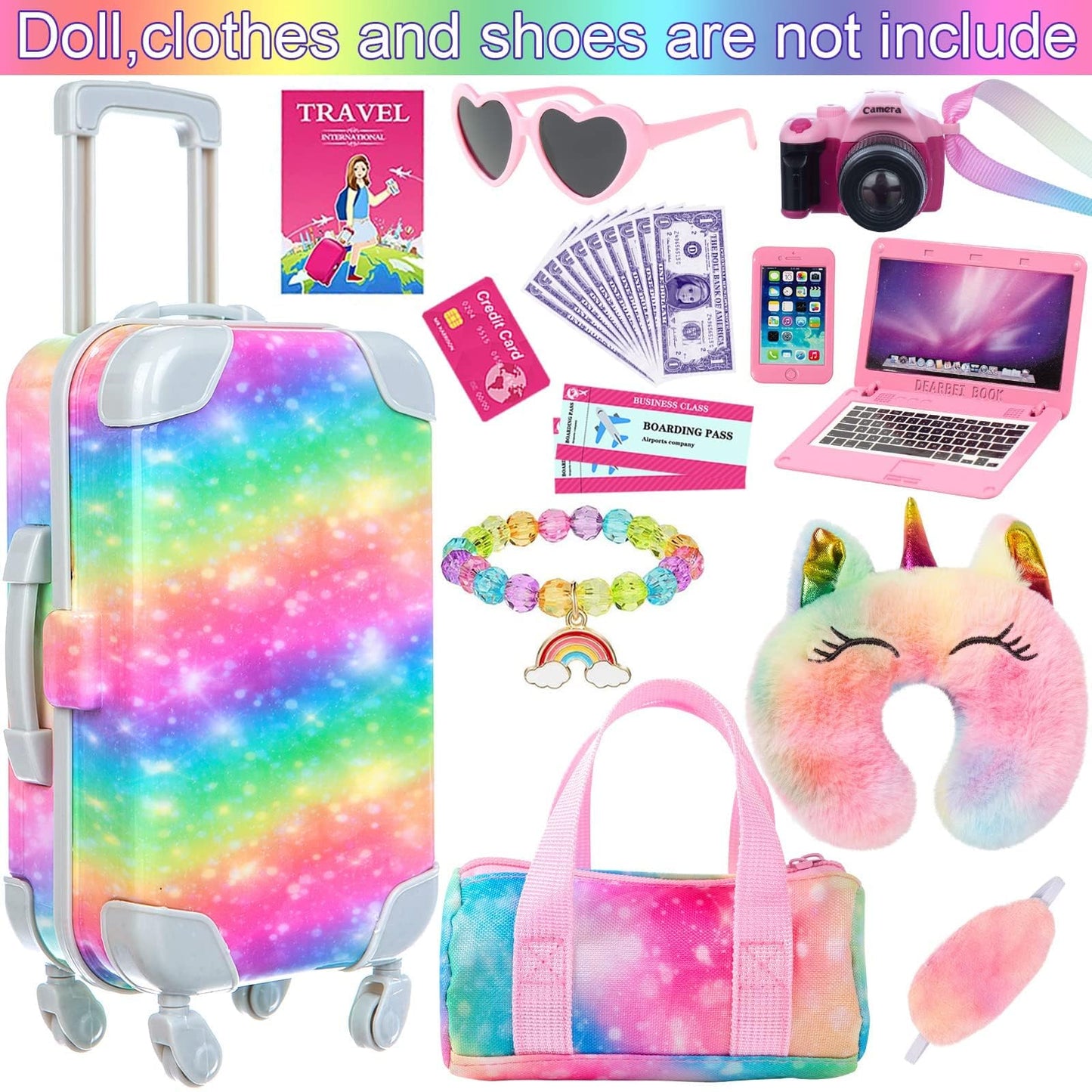 ZITA ELEMENT 23 PC doll accessories suitcase travel set with bag, camera, computer, cell phone, neck pillow, and eye mask.