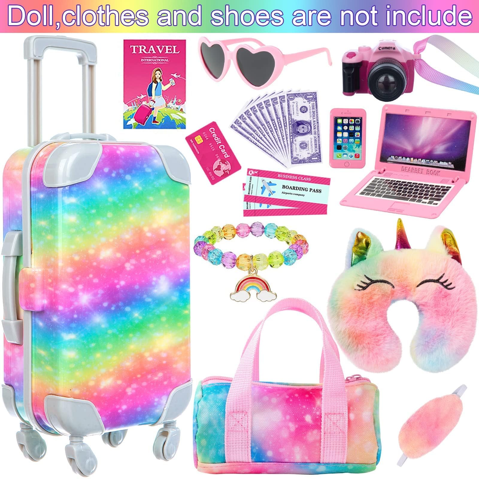 ZITA ELEMENT 23 PC doll accessories suitcase travel set with bag, camera, computer, cell phone, neck pillow, and eye mask.