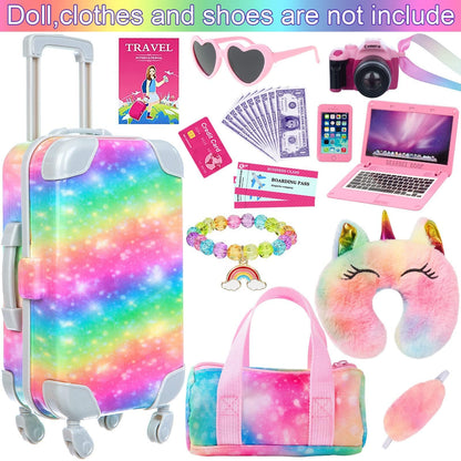 ZITA ELEMENT 23 PC doll accessories suitcase travel set with bag, camera, computer, cell phone, neck pillow, and eye mask.