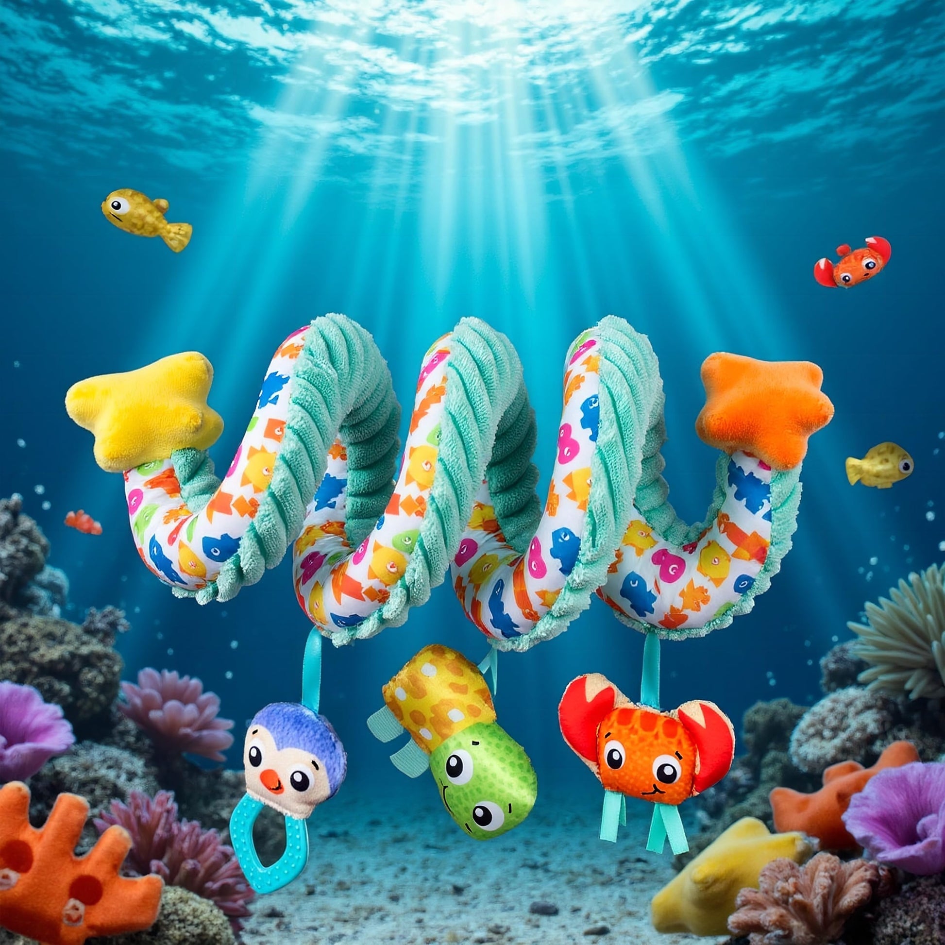 Playgro Ocean Wonders Twirly Whirly baby toy with colorful ocean-themed design and spinning elements for visual stimulation.
