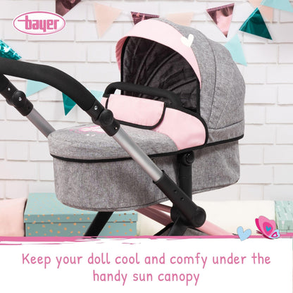 Bayer Design 17033AA Doll's pram Xeo, Stroller, Height-Adjustable, Reversible Handle, Convertible, Bag, Jeans-Grey, Pink