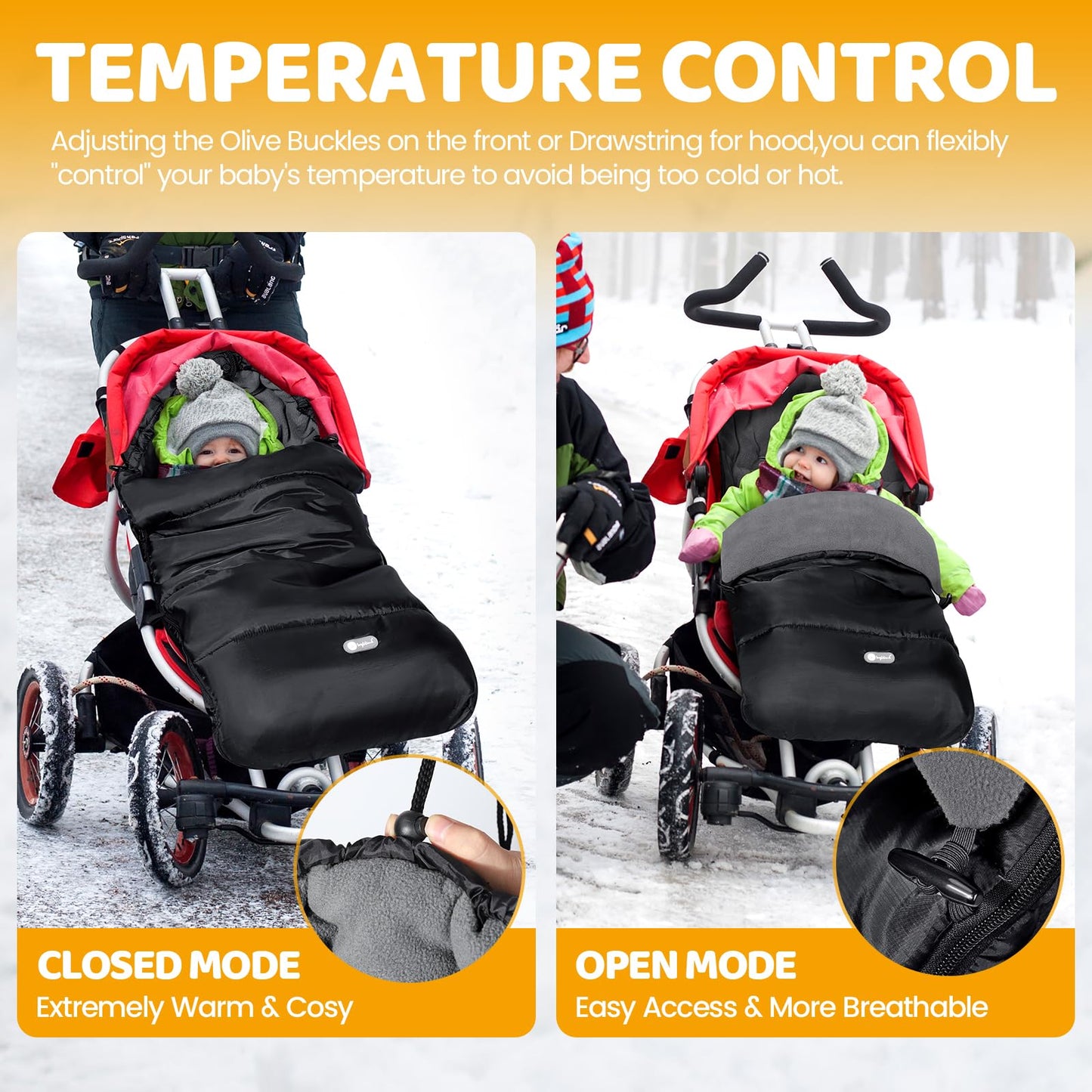 IvyWind universal baby footmuff for pushchair, waterproof, warm pongee fabric, black and grey, with drawstring and zip for easy access.
