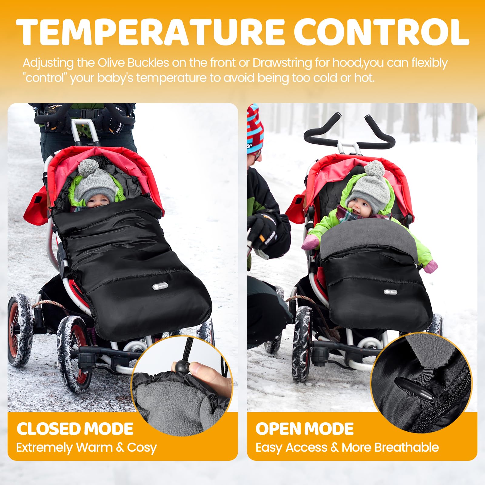IvyWind universal baby footmuff for pushchair, waterproof, warm pongee fabric, black and grey, with drawstring and zip for easy access.