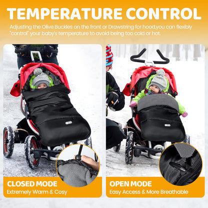 IvyWind universal baby footmuff for pushchair, waterproof, warm pongee fabric, black and grey, with drawstring and zip for easy access.
