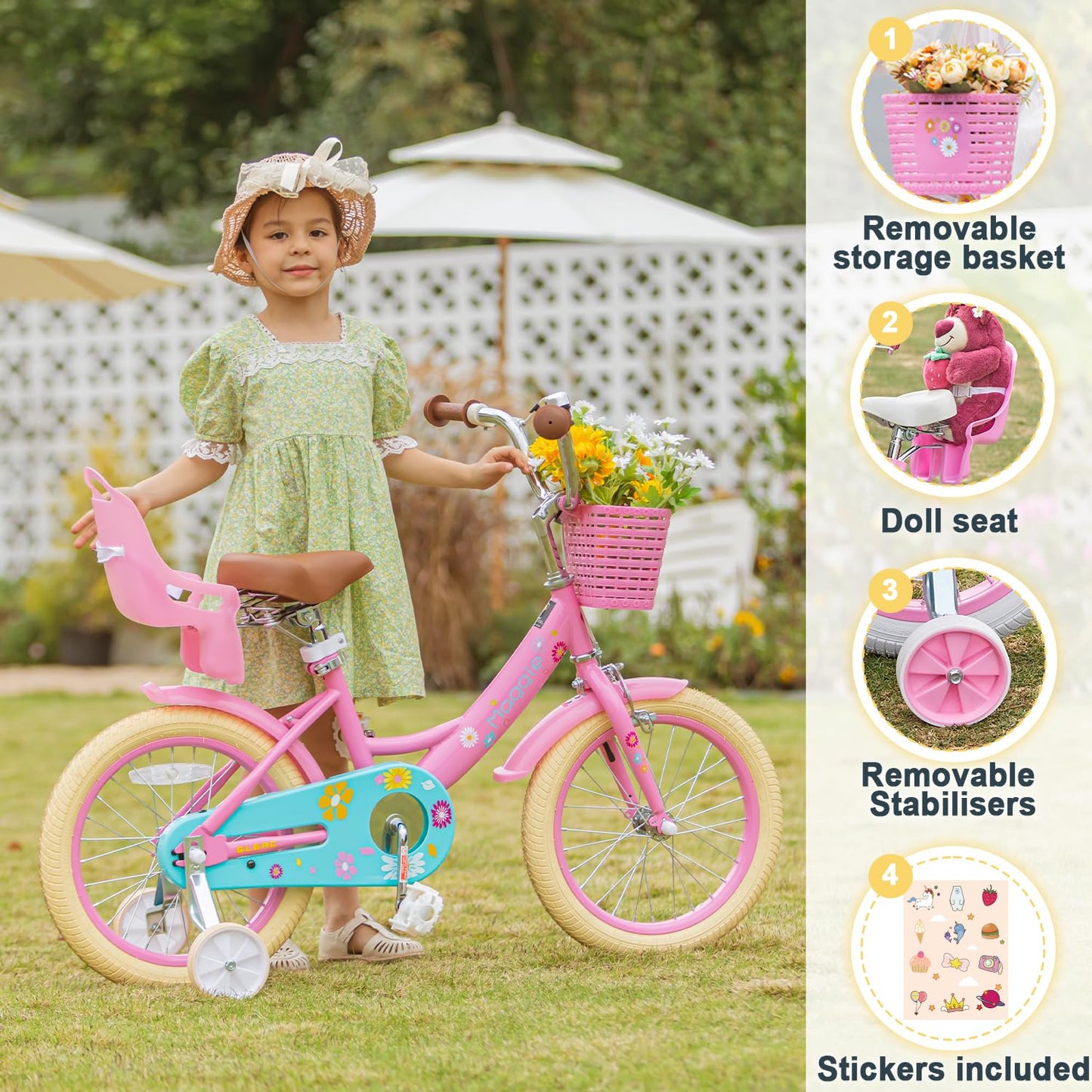 Glerc Maggie 14 Inch Kids Bike for 3 4 5 6 Years Old Little Girls Toddler Bicycles with ith Doll-Seat & Basket & Stabilisers for Gift, Pink