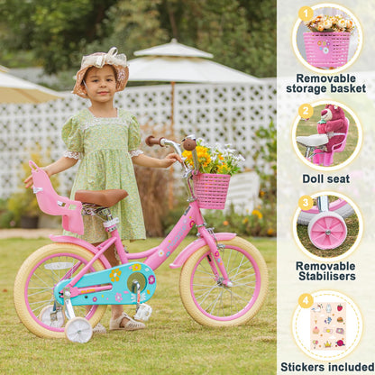 Glerc Maggie 14 Inch Kids Bike for 3 4 5 6 Years Old Little Girls Toddler Bicycles with ith Doll-Seat & Basket & Stabilisers for Gift, Pink