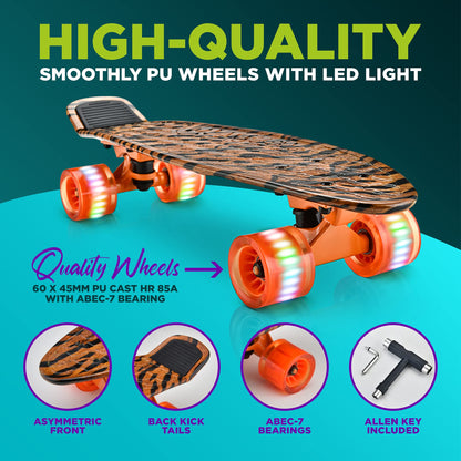 Hurtle Standard Skateboard Mini Cruiser - 6'' PP Deck Complete Double Kick Skate Board w/ 3.25" Aluminum Alloy Truck, PU Wheels w/LED Light - for Kids, Teens, Adults (Tiger), One Size, (HCSK10)