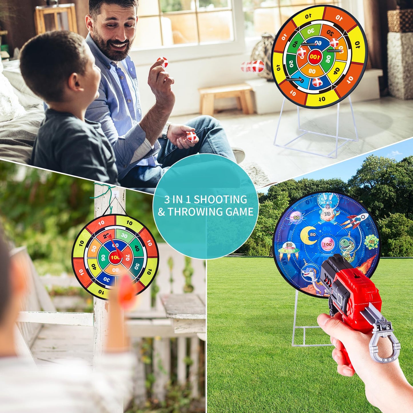 NAFONRU double-sided dart board garden game for kids, 29-inch standing and hanging dartboard with toy guns for indoor outdoor fun