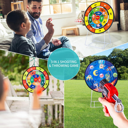 NAFONRU double-sided dart board garden game for kids, 29-inch standing and hanging dartboard with toy guns for indoor outdoor fun