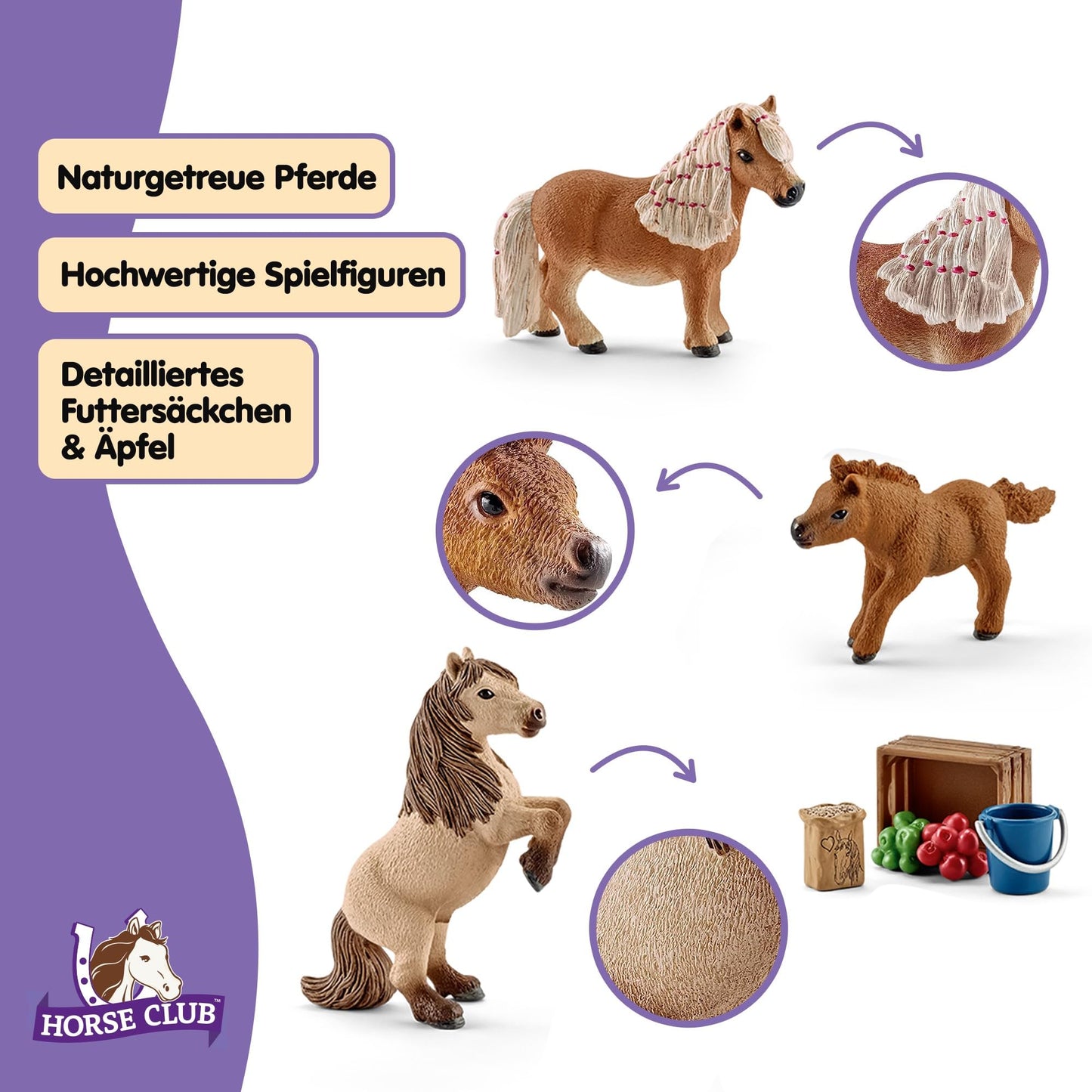 SCHLEICH HORSE CLUB - 8 PC Miniature Shetland Pony Family Playset with 3 Horses and Accessories - Collectable Farm Animal Figurines - Realistic Mini Horse Toys for Girls and Boys - Kids Ages 5+