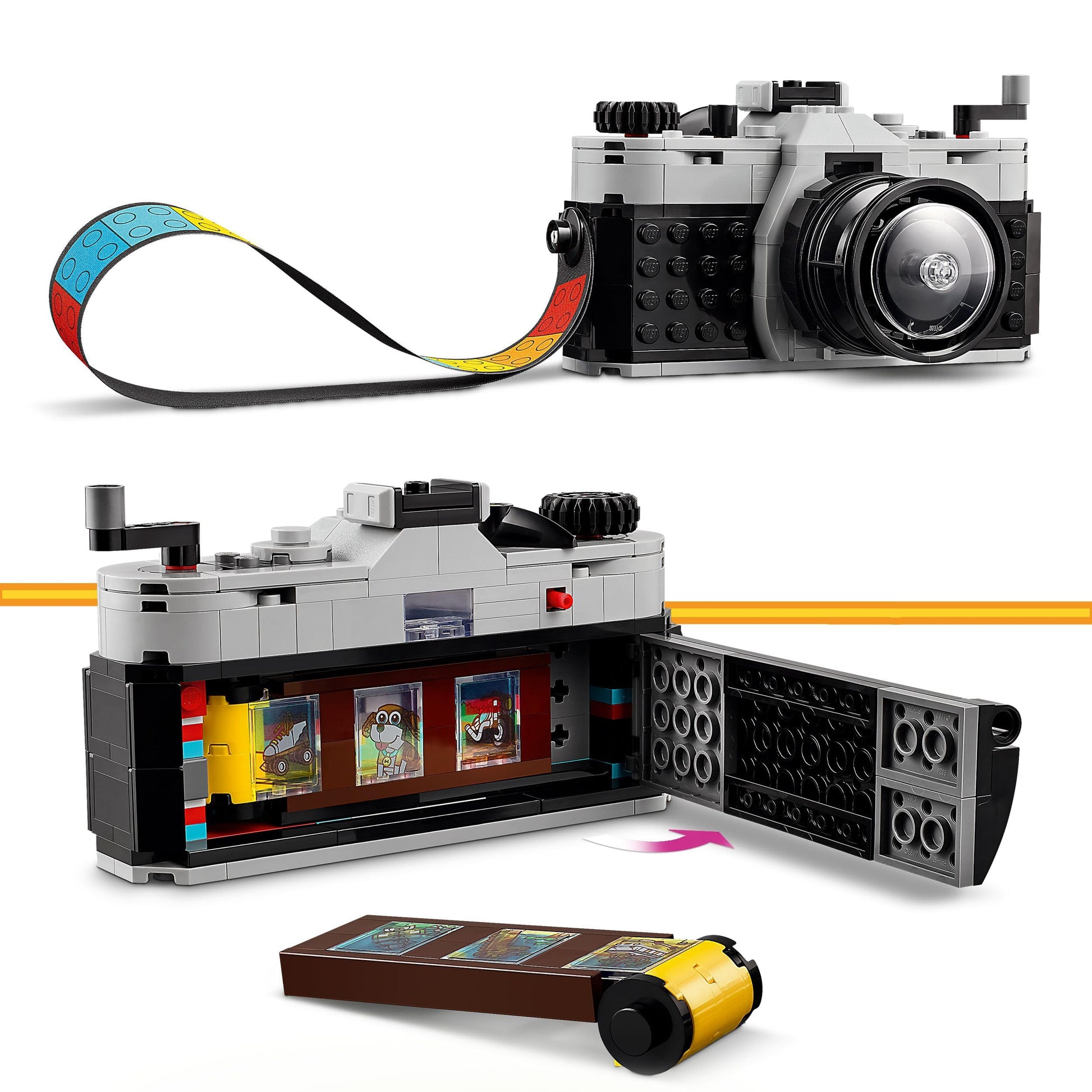 LEGO Creator 3in1 Retro Camera toy displayed as a video camera and TV set, vibrant kids' desk decoration for creative play.