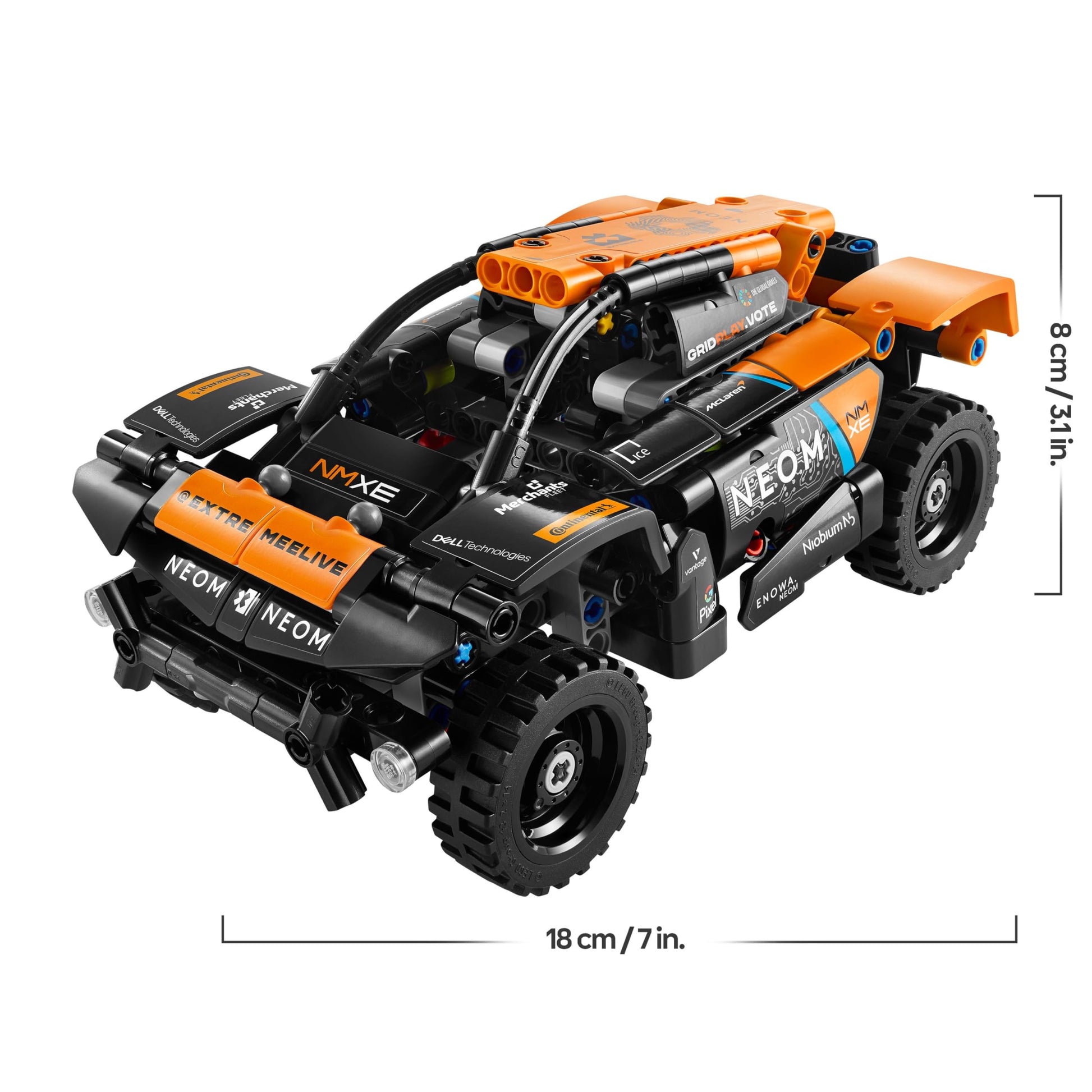 LEGO Technic NEOM McLaren Extreme E Race Car toy set with pull-back feature for kids aged 7 and up, showcasing off-road design.