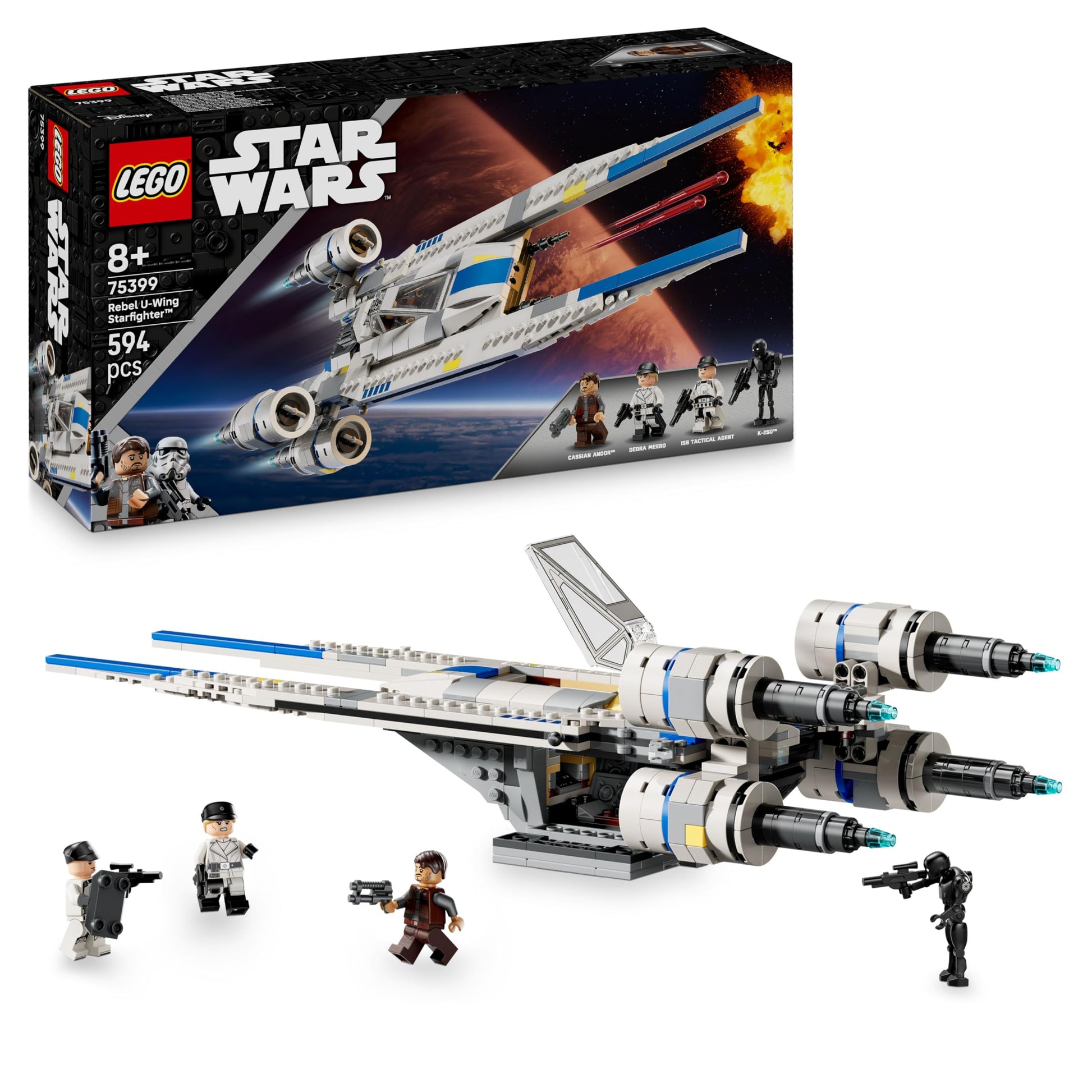 LEGO Star Wars 75399 Rebel U-Wing Starfighter with swing-wing function and minifigures including Cassian Andor and K-2SO.