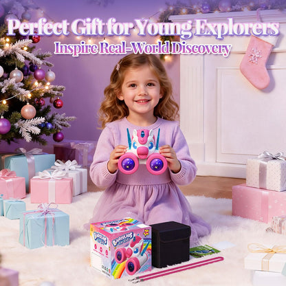Kidluna kids binoculars with bird watching manual, colorful unicorn design, outdoor garden toy for girls ages 3 to 9.
