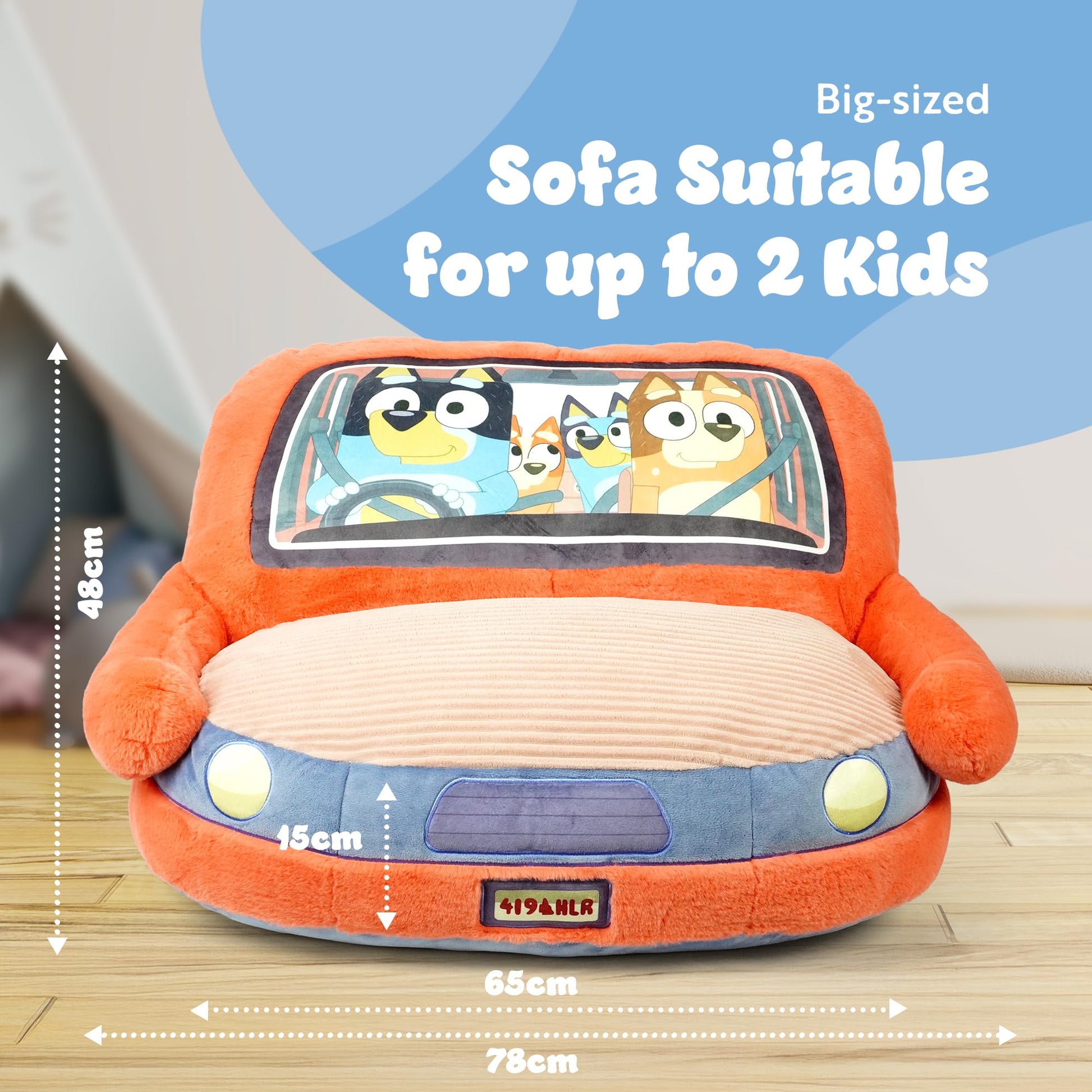 Bluey plush kids' car sofa armchair with soft, comfy design, perfect for toddlers' bedroom or playroom seating.