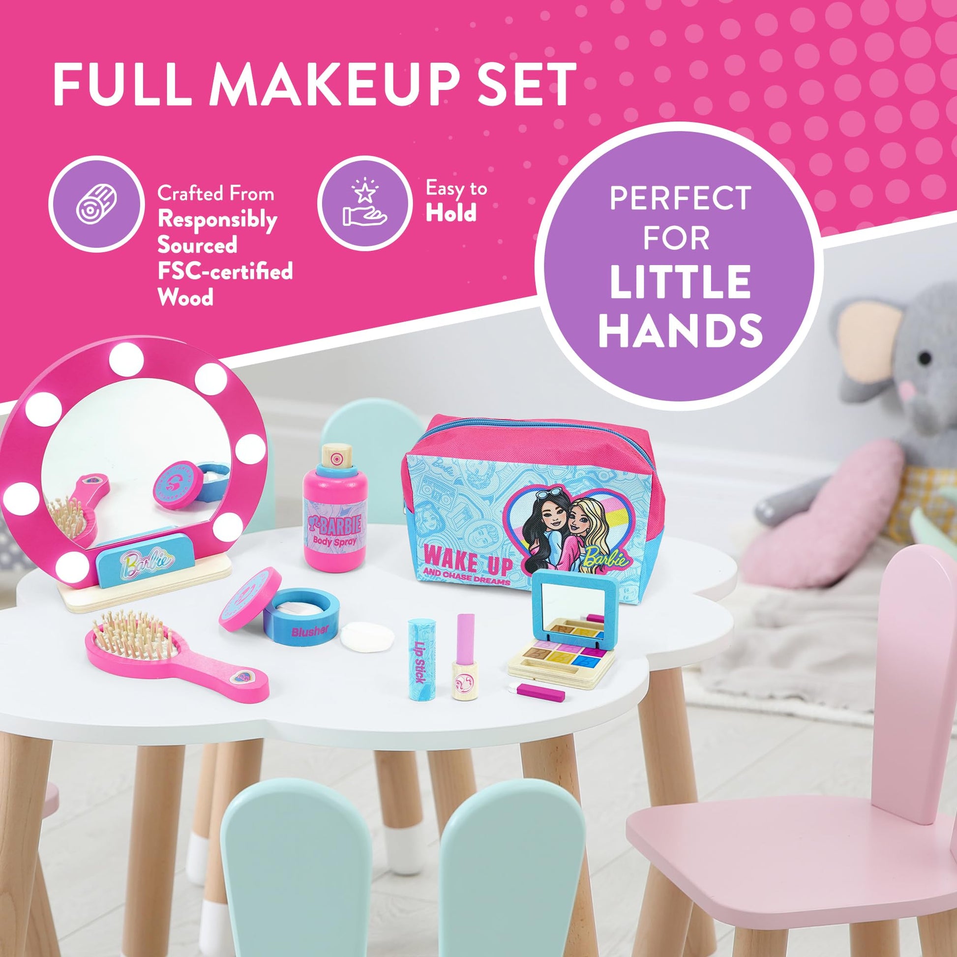 Barbie wooden toy makeup set with mirror, pink carry case, brush, lipstick, eyeshadow, blusher, body spray, and accessories for kids.