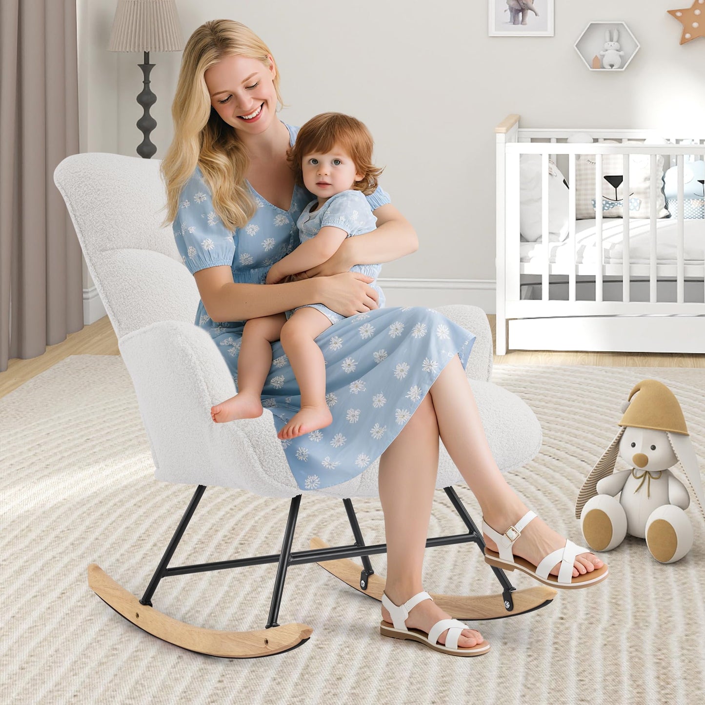 Aunekiv Rocking Chair for Nursery, Teddy Upholstered Glider Nursing Chair for Adults, Comfy Rocking Armchair Indoor for Living Room Bedroom, White