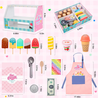 WIKITOT Ice Cream Toys for Kids, 51 Pieces Wooden Ice Cream Cart Role Play Toys for 3 to 7 Year Old Girls Boys Bithday Gifts