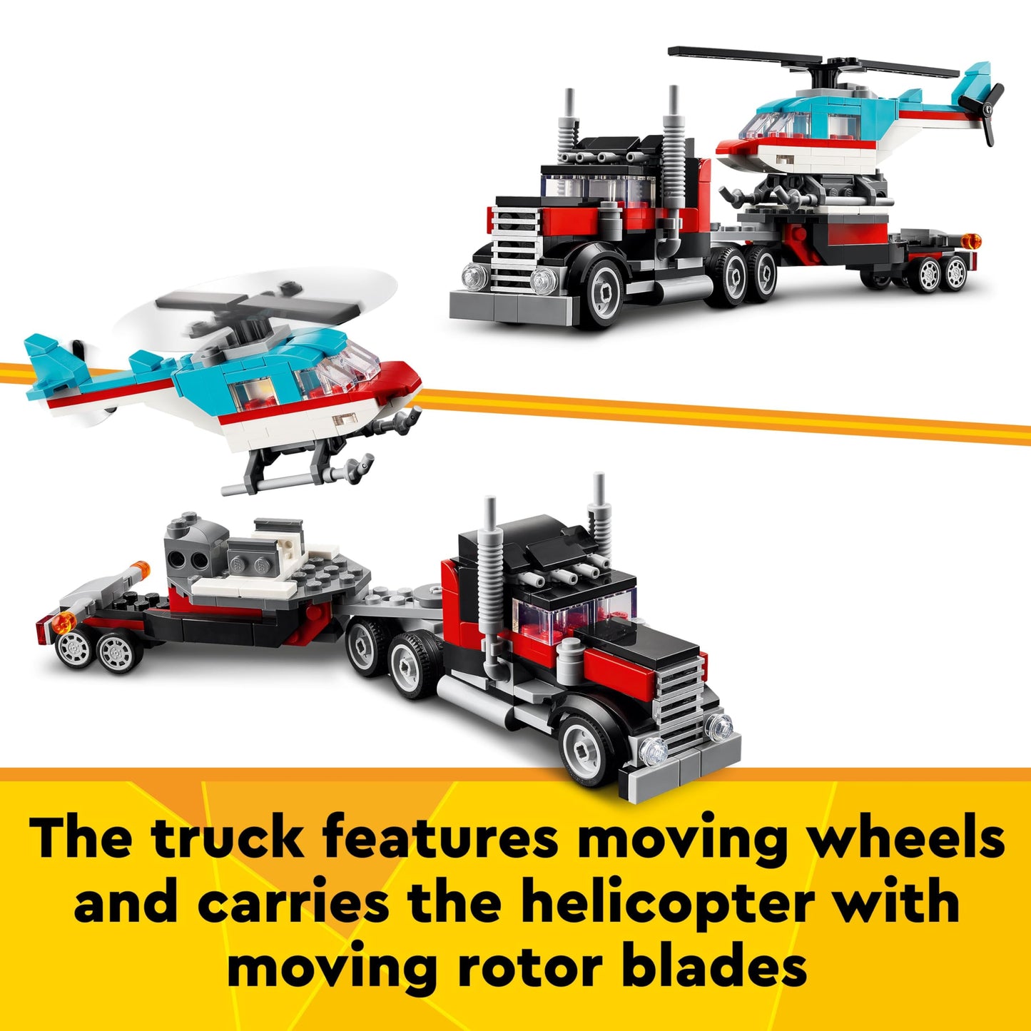 LEGO Creator 3in1 Flatbed Truck with Helicopter, showcasing multiple vehicle builds for creative play.