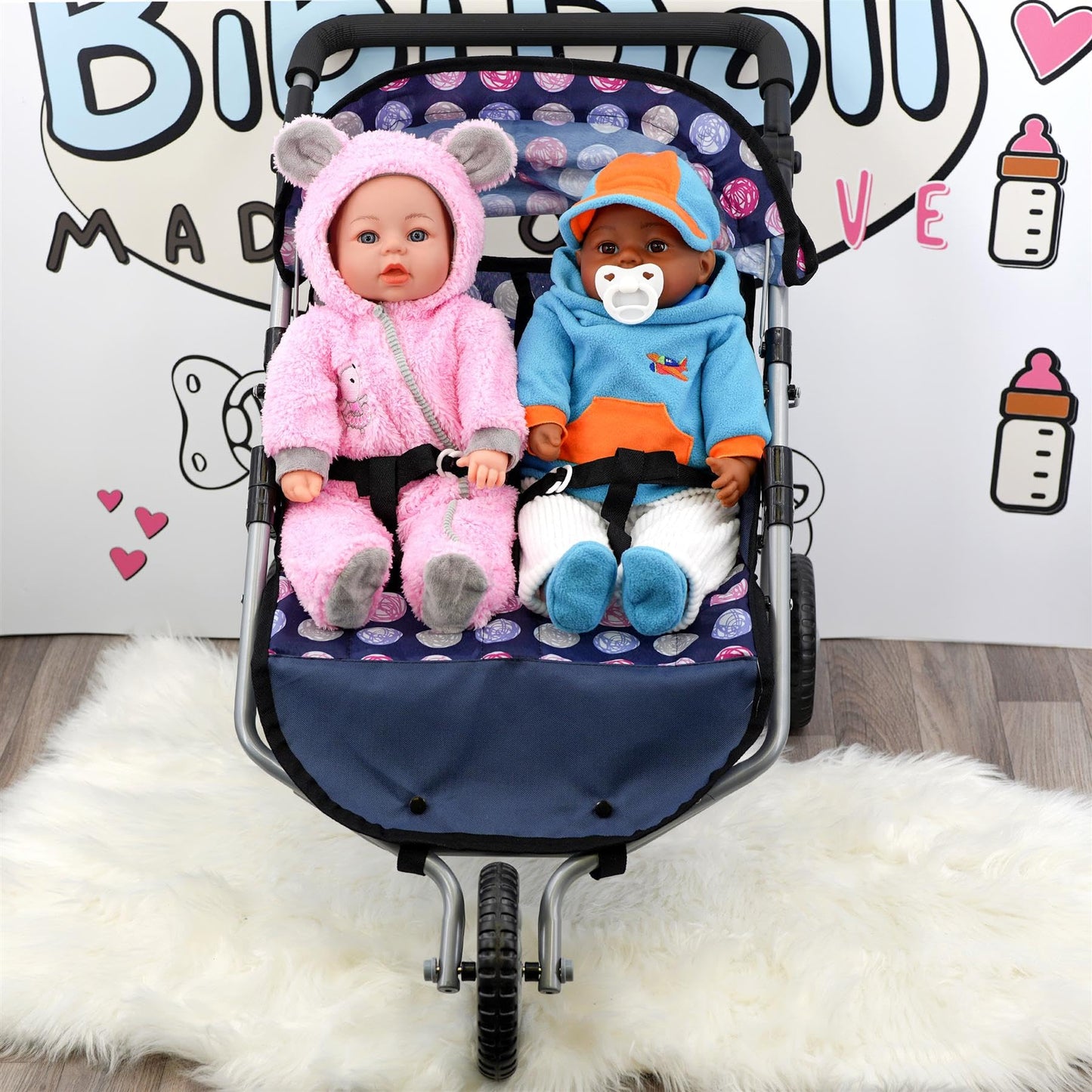 The Magic Toy Shop BiBi Doll Blue Twin Stroller, Ideal Twin Dolls Prams and Pushchairs - Adjustable Canopy and Handle, Under Storage Space, Collapsible - Dolls Double Buggy Toy Pram Double Dolls Pram